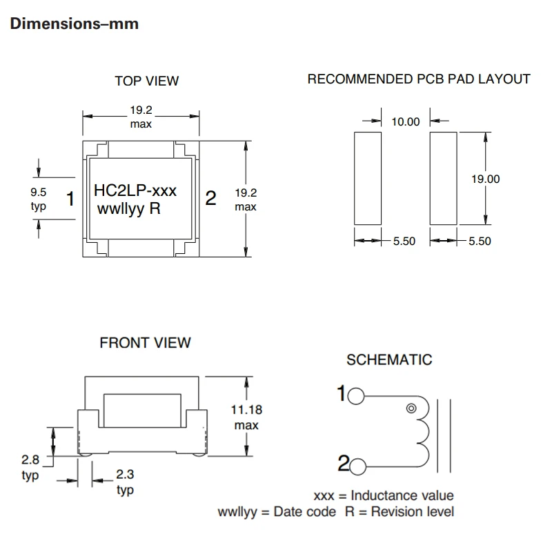 HC2LP 0.47uH to 6uH 19.2mm*19.2mm Ferrite Core Material Low Profile High Current Power
