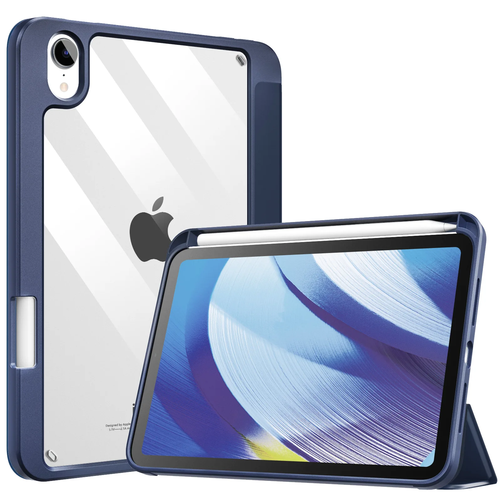 MoKo Case Fit New iPad Mini 6 Case with Pencil Holder with Soft TPU Frame Hard PC Clear Transparent Back Shell Smart Cover