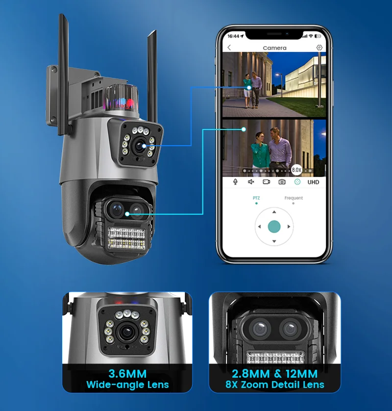 Dual-lens 8x optical zoom auto tracking linkage alarm wireless ptz dome camera color night vision wifi icsee ptz cctv camera