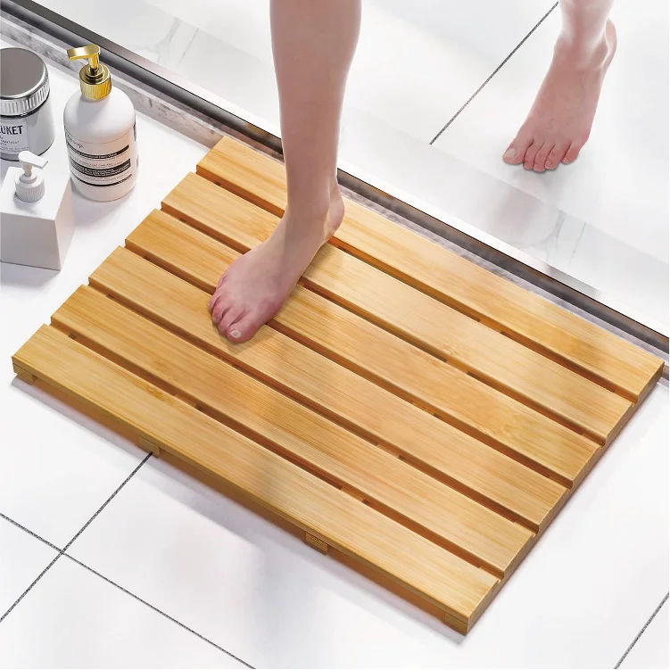 Bamboo Bath Mat for Bathroom Non Slip Waterproof Wooden Shower Floor Mat for Doorway