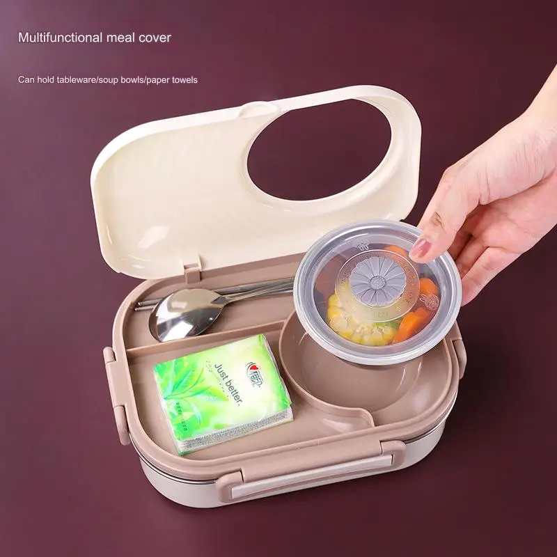 3 Compartments Bento Lunch box with Soup Bowl Steel Camera Lunch Containers Leak Proof Bento Box for Kids Adults with Cutlery