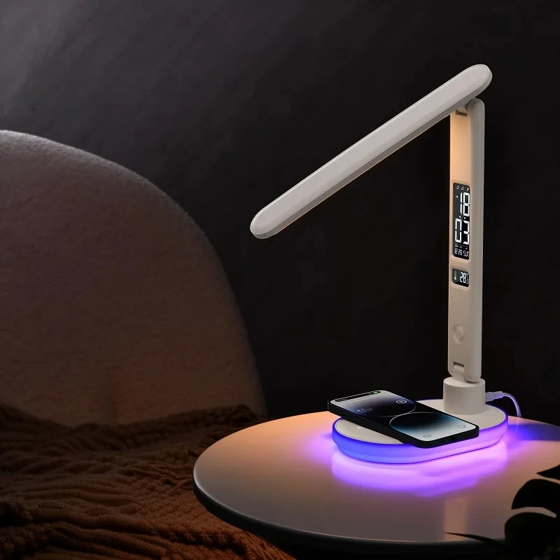 Factory price fast wireless charger LED desk lamp alarm clock with RGB night light  and USB port for study