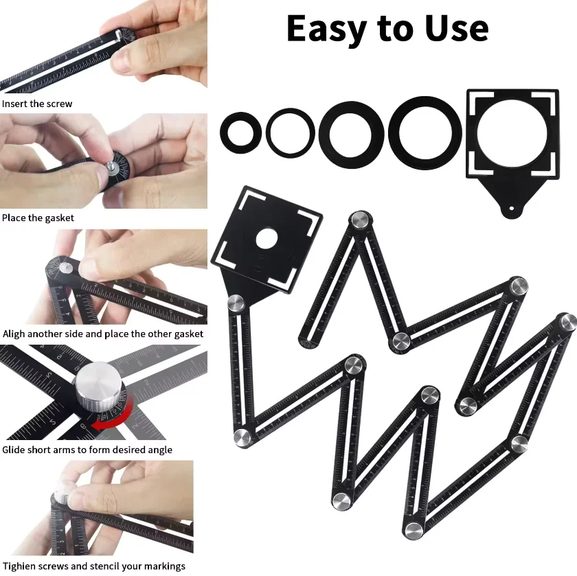 Durable Aluminium Ceramic Tile Hole Locator Tools With Angle Scale Four Folding Tile Ruler