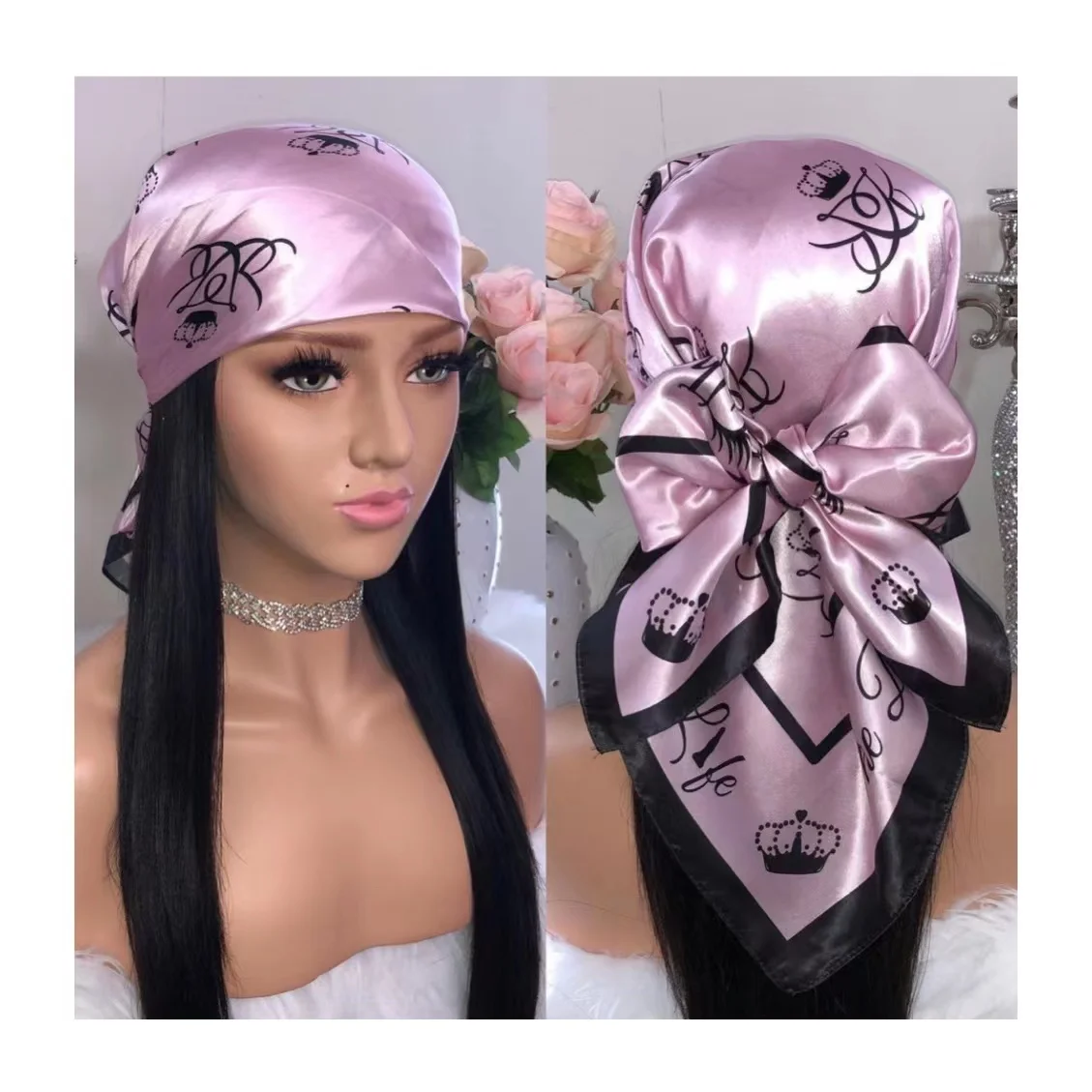 Wholesale manufacturer custom logo design digital print stylish long scarves square silk satin head scarf for women