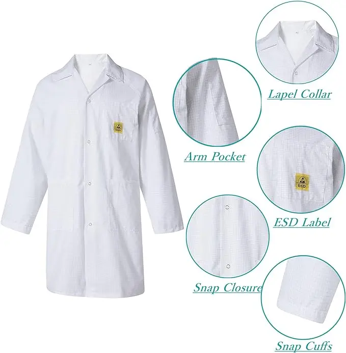 ESD Lab Coat with Lapel Collar Knee Length Anti-Static Jacket ESD Garment Smock