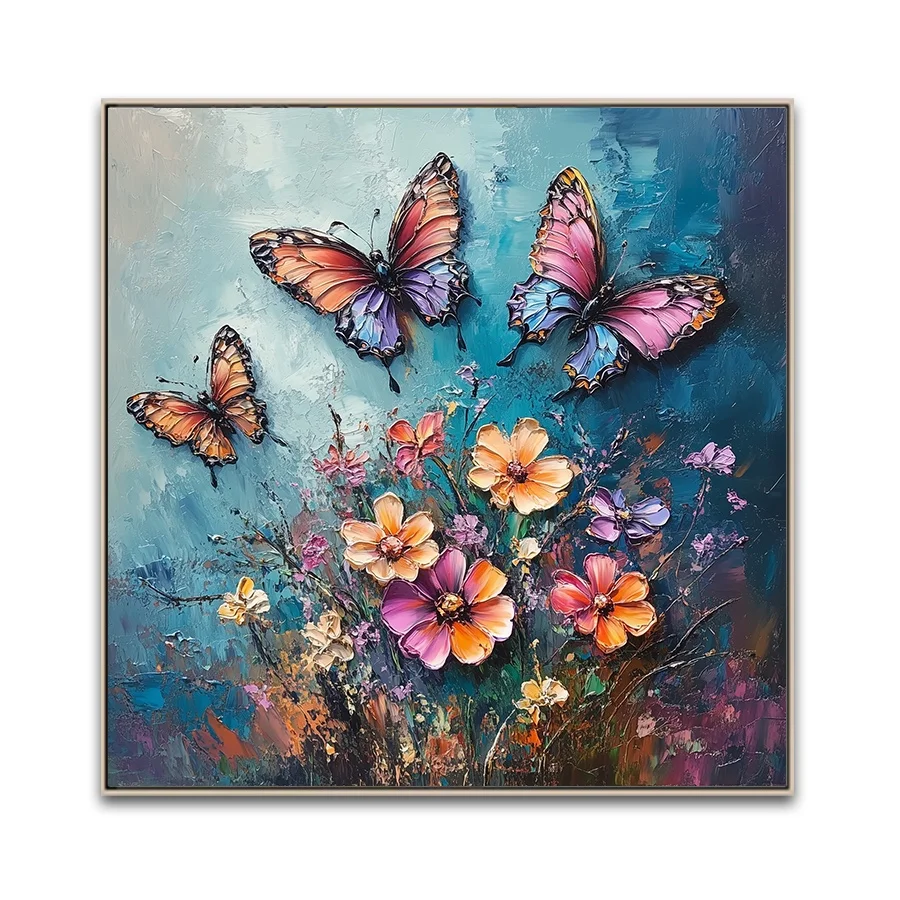 Custom Modern Hot Selling Oil Paintings Butterfly Backside Hand-painted Brush Flowers Canvas Art Prints For Hotel Projects