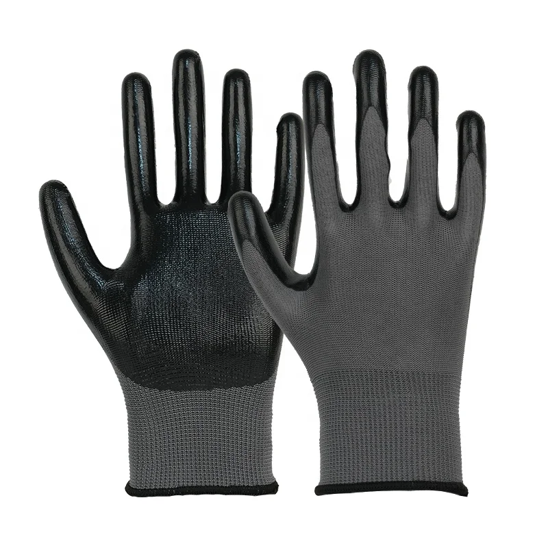 high quality good price anti slip ce certificated 13G grey polyester liner Nitrile coated industrial work safety Gloves