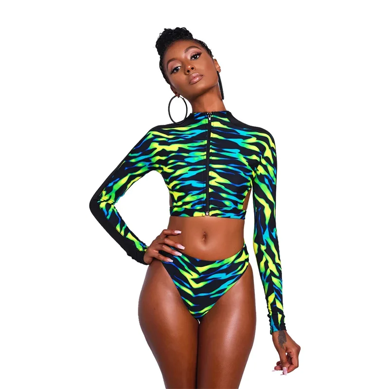 Wholesales  New Printed Split Bikini Open Back Sexy Zipper Multicolor Tight Small Fresh Ladies Swimsuit