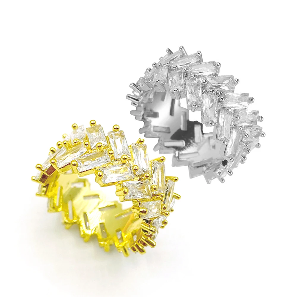 Full Iced Square Zircon Gemstone Couple Rings Jewellery Gold Silver Korean for Women Men Brass CZ Ring Geometric Support 9g 12mm