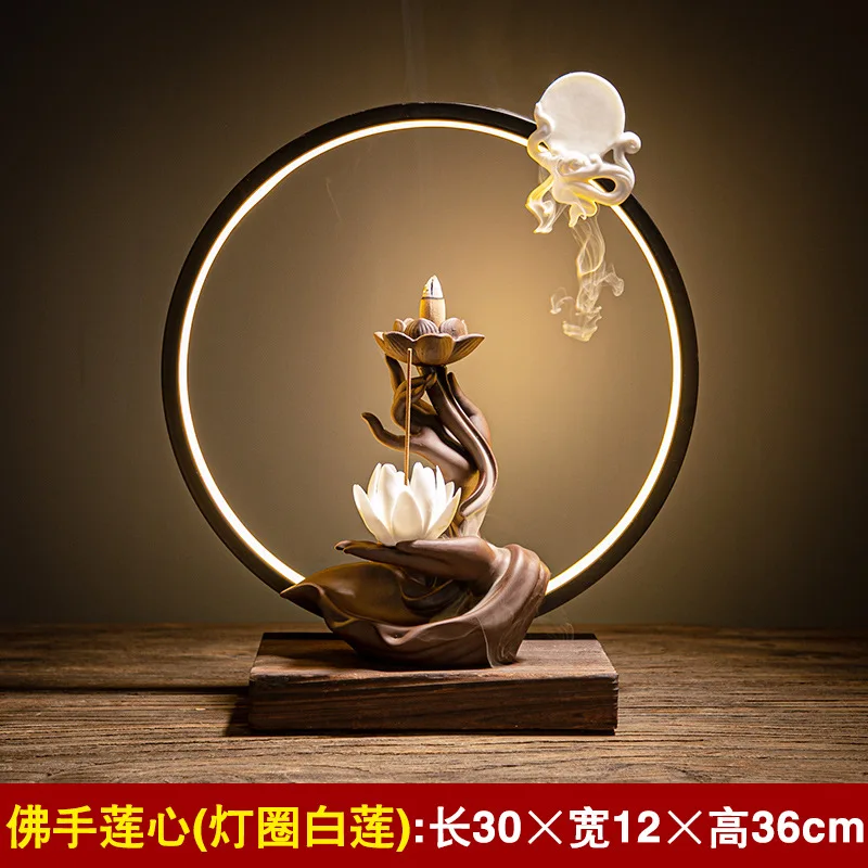 Ywbeyond Home Office Ornaments LED Lamp Ceramic backflow incense burner Zen buddha hand lotus censer waterfall holder