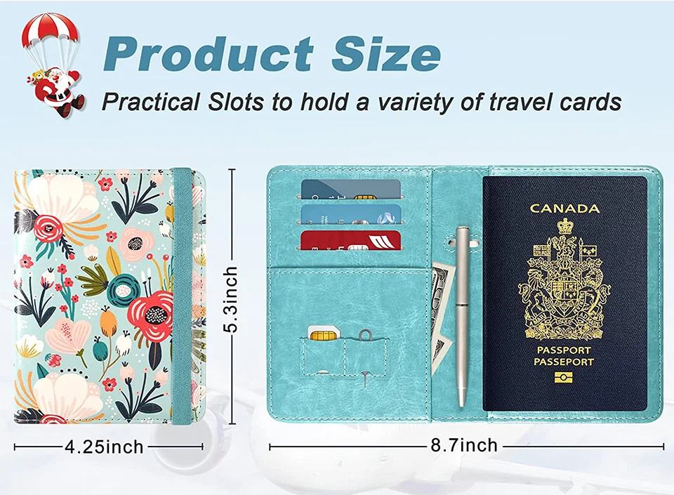 Premium PU Leather Travel Passport Wallet RFID Blocking Documents Organizer with Pen Holder, for Women and Men Hill Flower