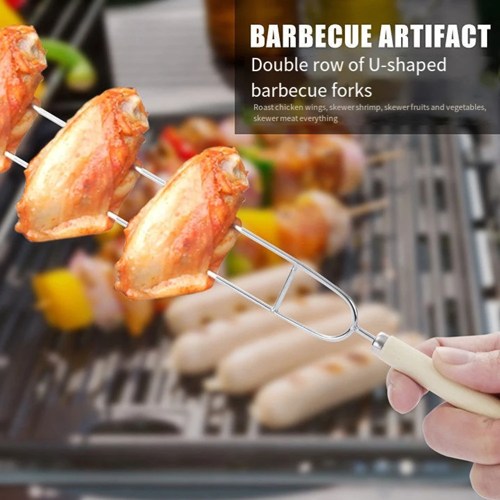 Wholesale Wooden Handle U Shaped Grill Fork chicken Wing Fork Wooden Handle stainless Steel Roasting Sticks Chicken Wings Fork