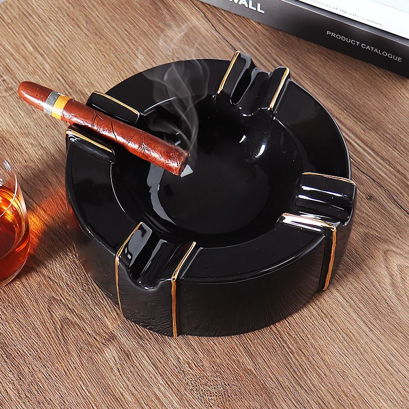 Custom Logo Home Office Hotel Luxury Gold Rim Porcelain Cigarette Ash Tray Large Ceramic Cigar Ashtray