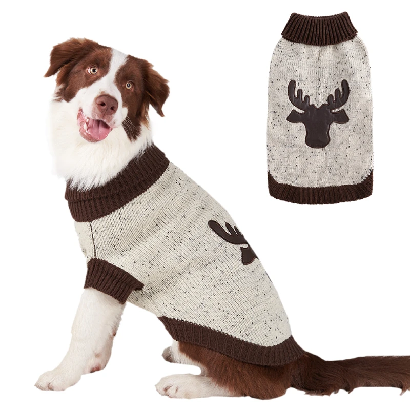 Manufacturer Wholesale Christmas Reindeer Patten Hand Knit Large Dog Sweater Pet Clothes Stylish Turtleneck  Pet Winter Sweater