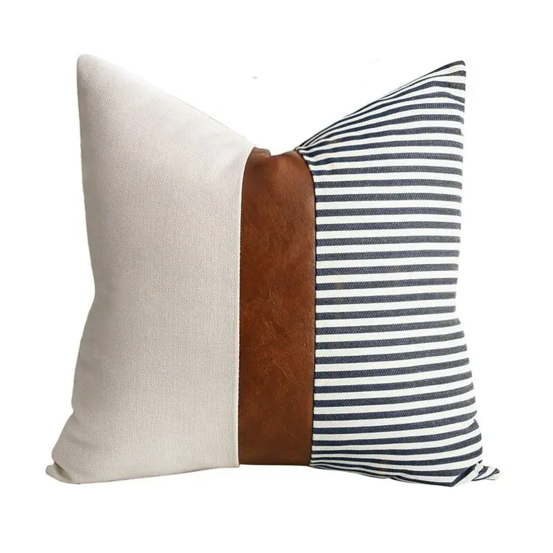 Boho Throw Pillow Covers with No Filling Set of 2 Farmhouse Decorative Pillowcases Brown Faux Leather Modern Stripe Patchwork