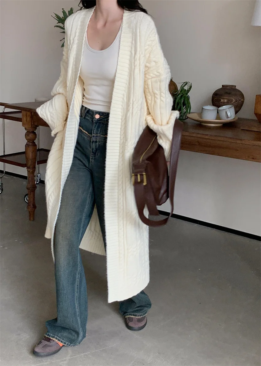 Long sweater cardigan women over knee loose lazy style retro thickened Fried Dough Twists knitting coat in autumn and winter