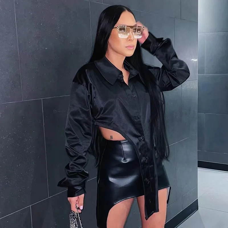 J&H 2023 new arrivals satin shirts women silk long sleeve blouse top front long button down sexy black fall shirts