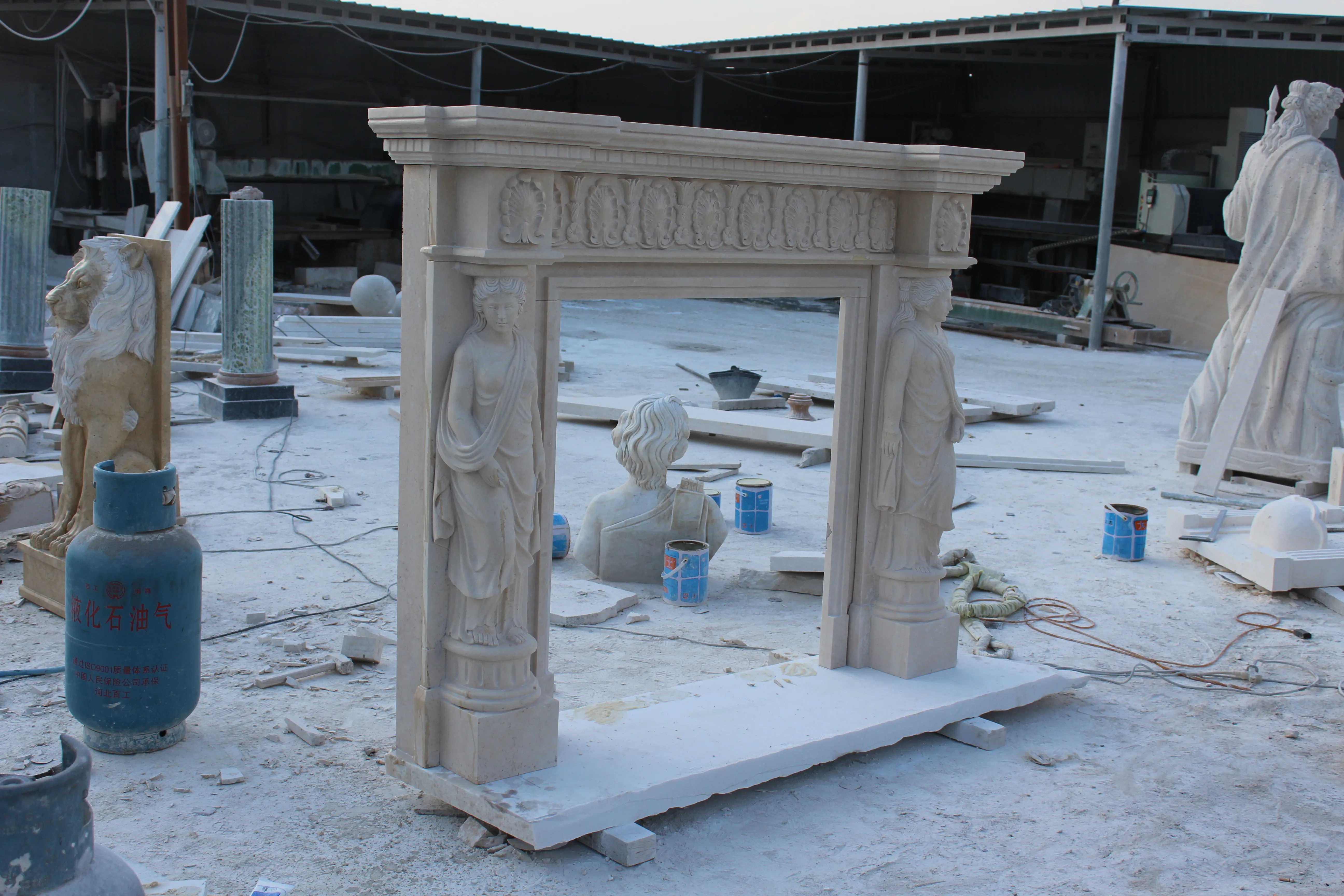 Factory handmade custom simple style yellow lion exquisite marble fireplace interior decoration antique marble fireplace