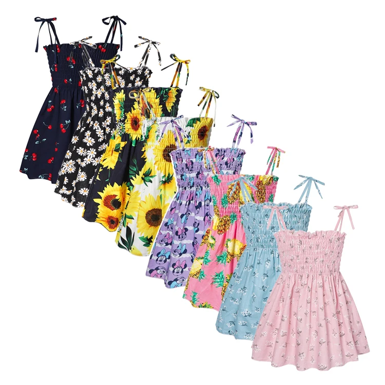 2023 Wholesale Summer Cotton Kids Floral Spaghetti Strap Skirts Baby Girl Printed Dresses