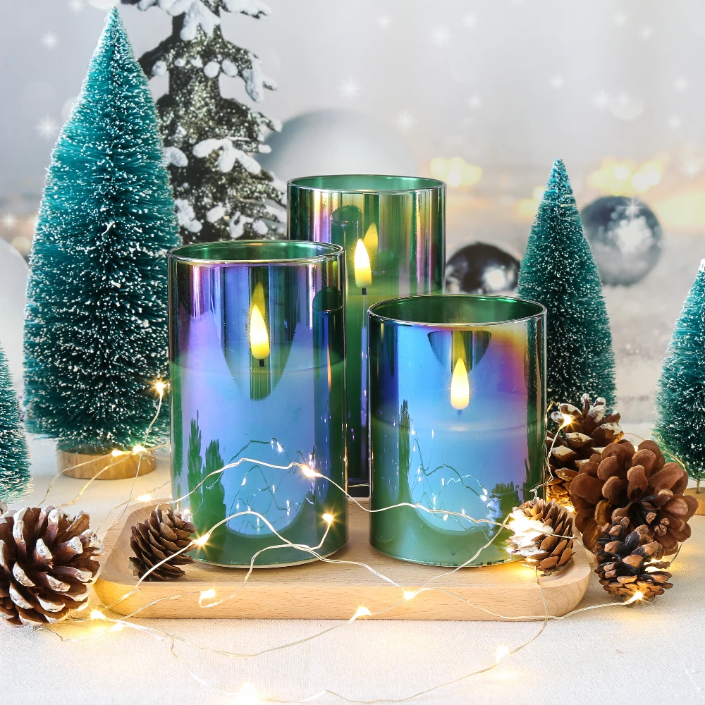 Wholesale 3d flameless Wedding pillar paraffin wax green glass led scented candles