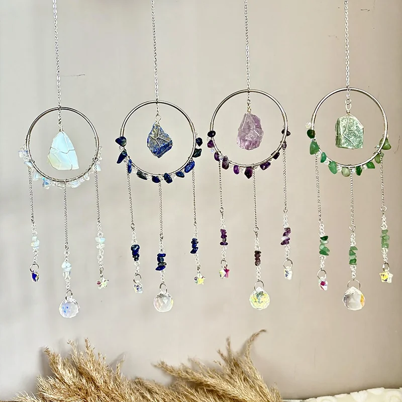 Large High quality natural crystal wind chime crafts Sun Catcher Healing Stone Quartz Gravel Circle Crystal Suncatcher
