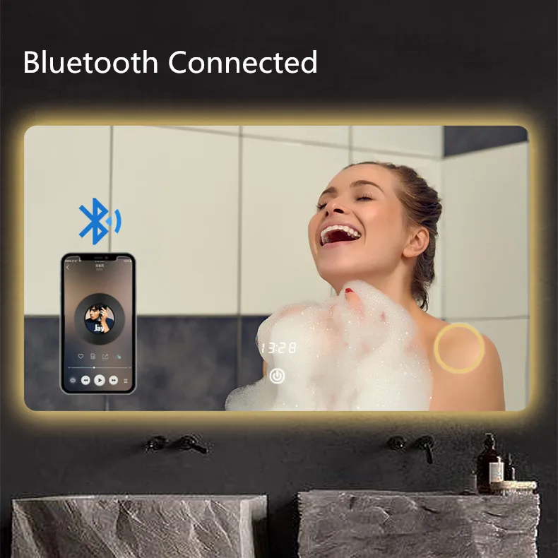 Hotel and home  defog led mirror bathroom smart light rectangle mirror with Touch Sensor/Time temperature Display