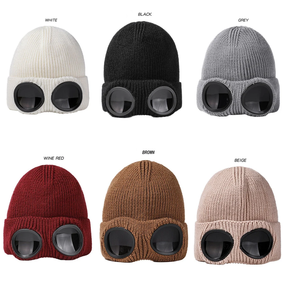 Winter Knit Hats Warm Sunglasses Knitted Cap Unisex Ski Cycling Sports Beanie Hats With Glasses