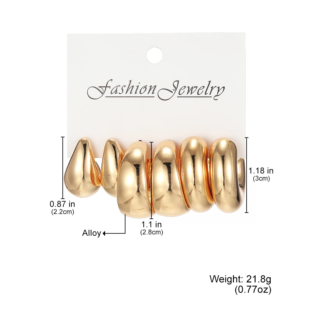 New Fashion 3pcs/set Gold Silver C shape Big Water Drop Hoop Earrings Set For Women Jewelry Party Gift Punk Stud Earrings