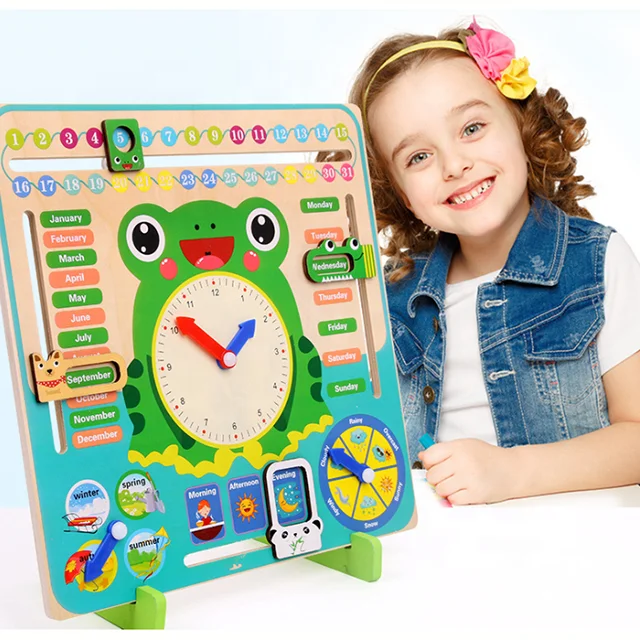 Wooden Frog Multi functional Early Childhood Education Cognition Calendar Clock Baby Toy (62425240936)
