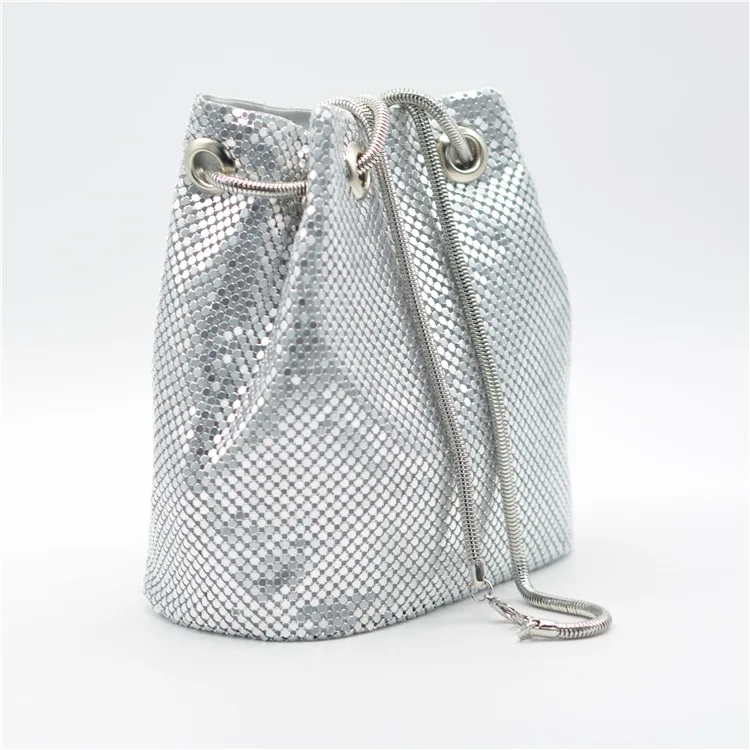 China supplier gold  color evening bag women metal mesh bucket handbag shoulder bag ladies cross body bag