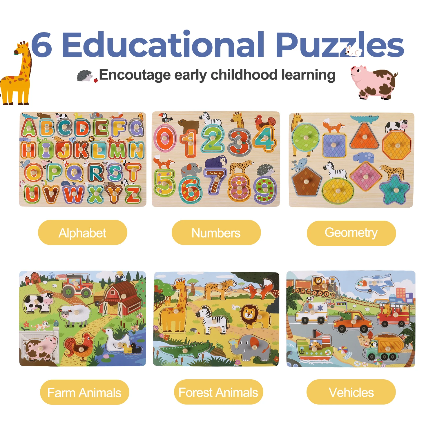 Educational Puzzle With Peg Toys for Kids Wooden Animal Jigsaw Puzzle toy for baby kids