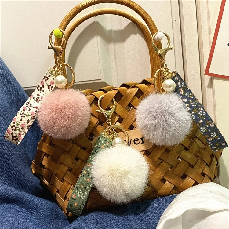 Multicolor Rabbit Fur Ball Keychain Favor Creative Floral Ribbon Keyring Cute Plush Bag Pendant Pearl Car Key Chain Accessories