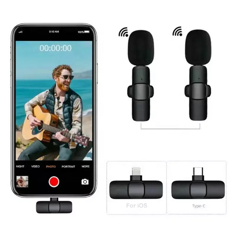 2023 New 1 Drag 2 Microphone Lavalier 2.4GHz 2 in 1 Portable Mini Microphone Wireless Recording Microphone for iPhone