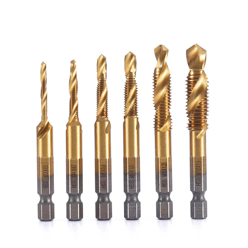 6pcs long screw Tap Drill Bits Hex Shank M3 M4 M5 M6 M8 M10 Titanium Coated HSS Compound Metric Thread  Machine Taps