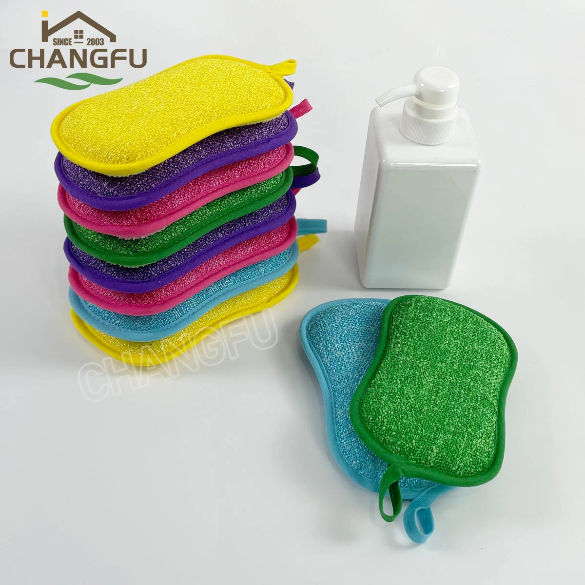 Changfu cleaning materials washing Double Sided Microfiber Sponge Scrubber for kitchen