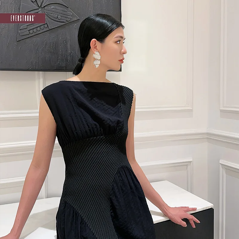 Pleated Dress Black Slim Comfortable Breathable Fashion Summer High Waist Midi Dresses