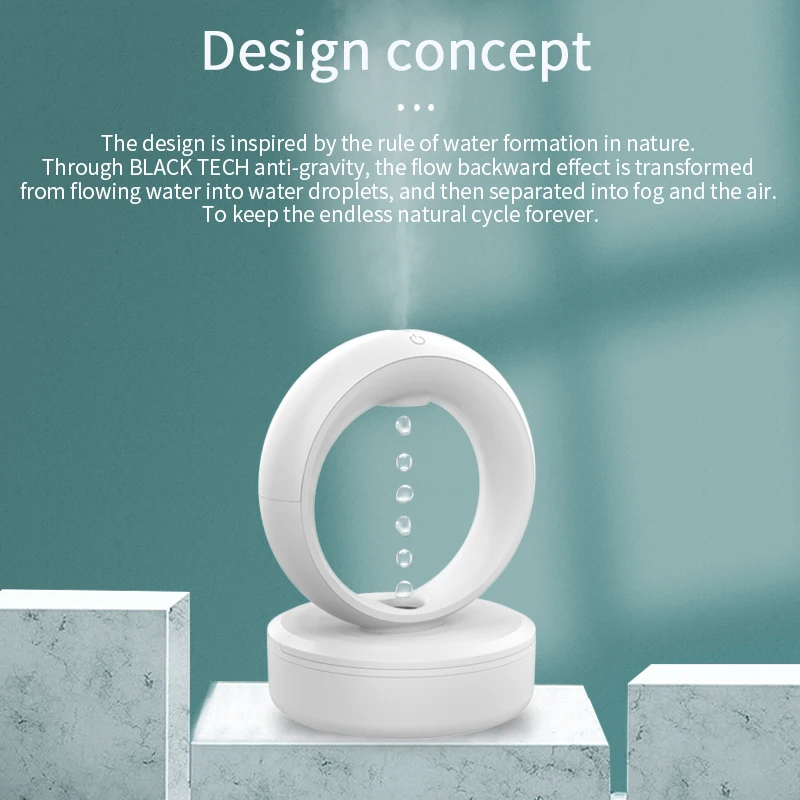 OEM CE ROHS Bedroom Desktop Electric 680ml Cool Mist Ultrasonic Backflow Water Drops Anti Gravity Humidifier