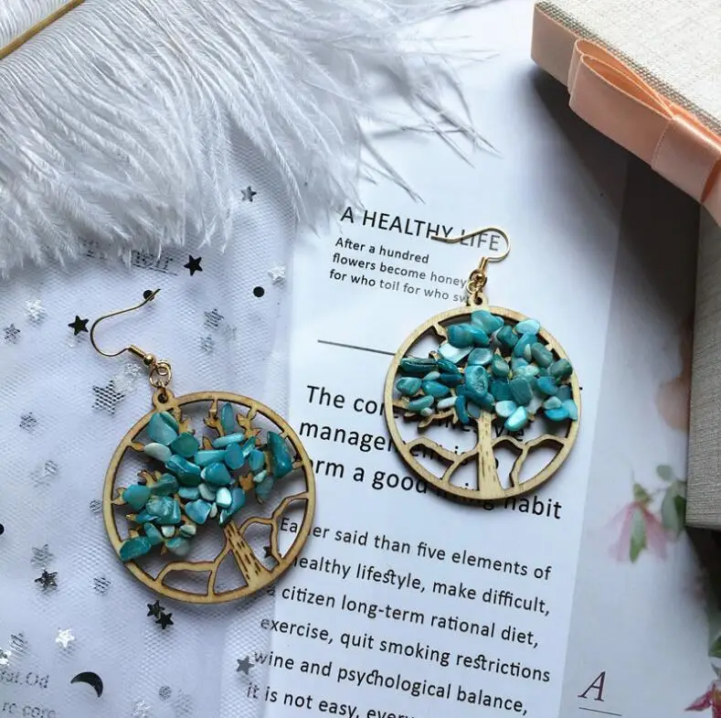 
wholesale vintage wood earrings jewelry fashion wooden flower dangle earrings statement natural stone earrings for women 