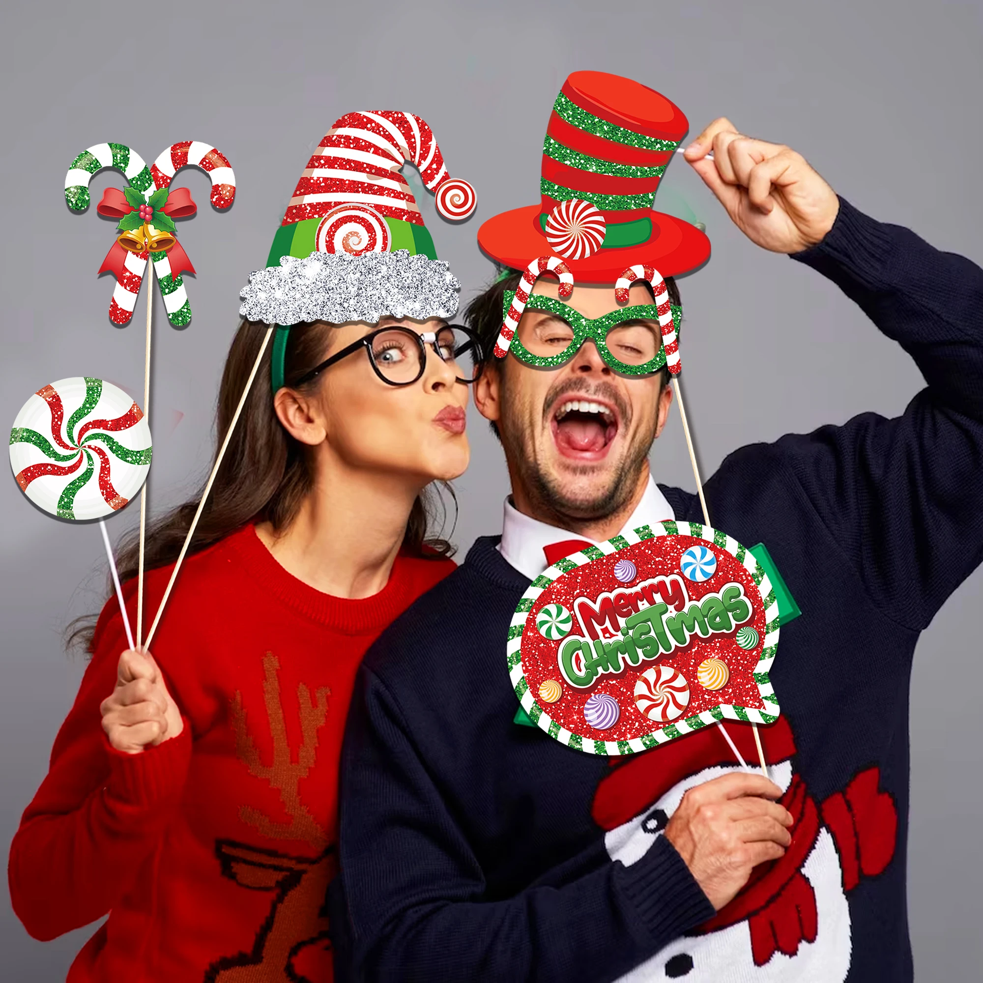 PZ293 Christmas Photo Booth Props Kit Snowman Flash Candy Photo Props Christmas Holiday Party Supplies