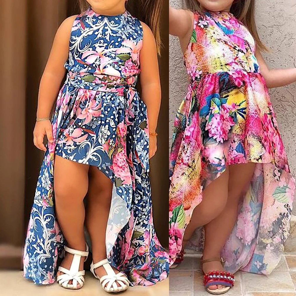 2021 fashion girls kids Maxi Halter Long Dress Beach Party high-low satin abaya dress