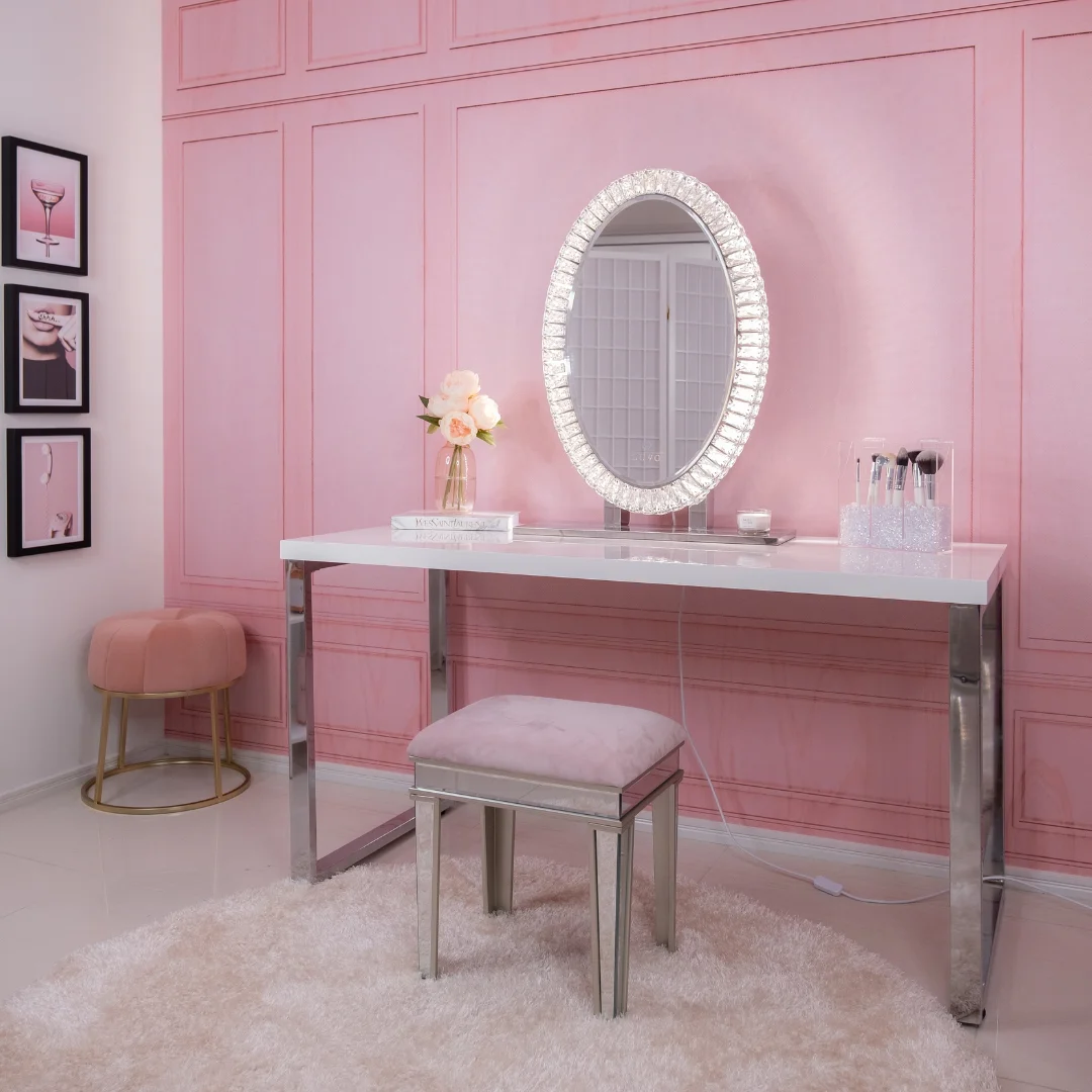 Led Bathroom Salon Compact Mirror Oval Smart Touch Makeup Diamond Crystal Led Make Up Mirror With Led Lighting