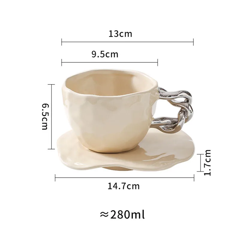 Nordic Creative 280ml Retro Hand Painted Ceramic Mugs with Saucer Irregular Handmade Pottery Mugs Set