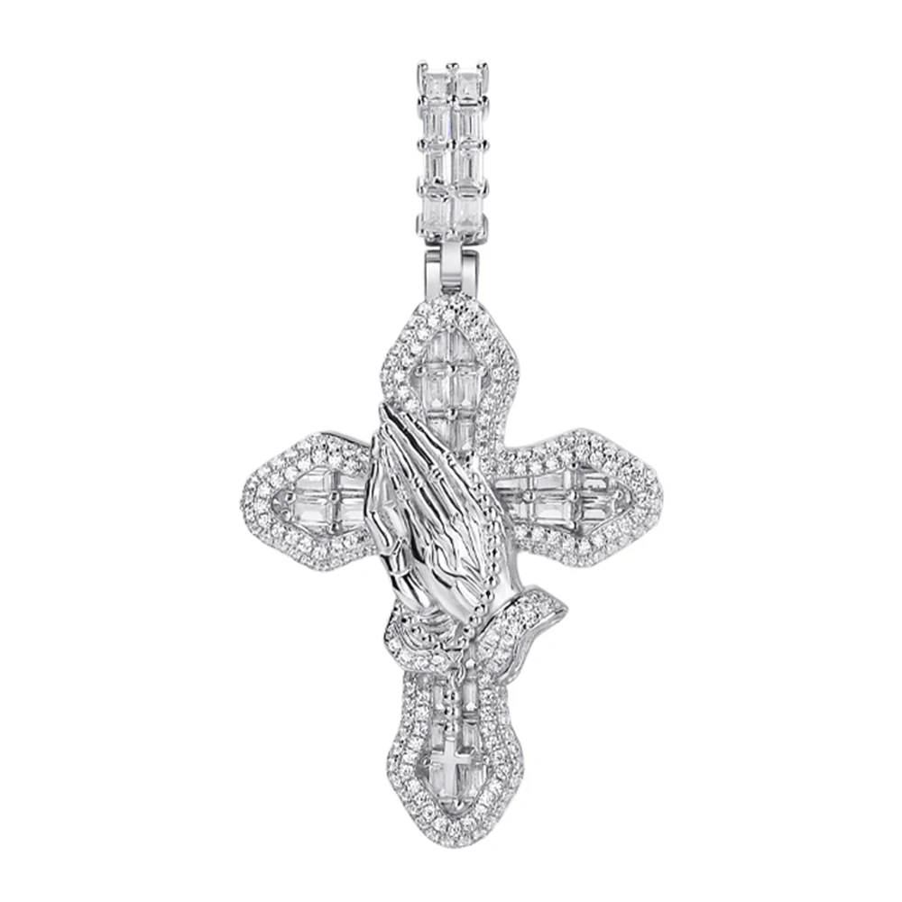 High quality 10K 14K rhodium gold plated micro pave cz moissanite chunky custom anchor nail christian praying hand cross pendant