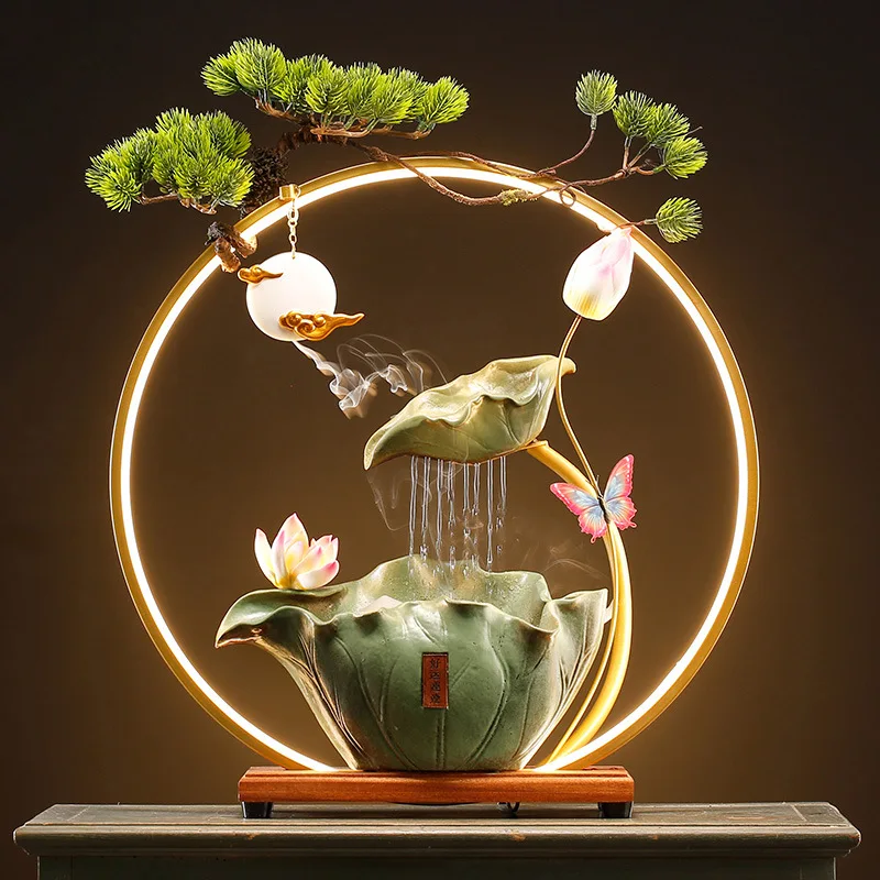 Lotus Shaped Ceramic Water Fountain with Smoke Home Office Desktop Small Waterfall Fountain with Incense Burner Light