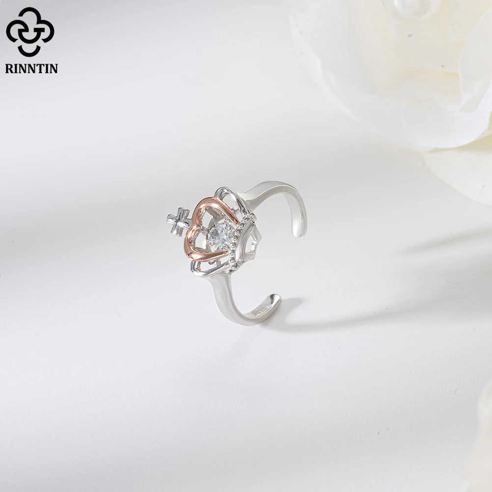 RINNTIN SR315 925 Sterling Silver Adjustable Rings Fine Jewelry Cubic Zirconia Cross Crown Women Creative Parties Engagements