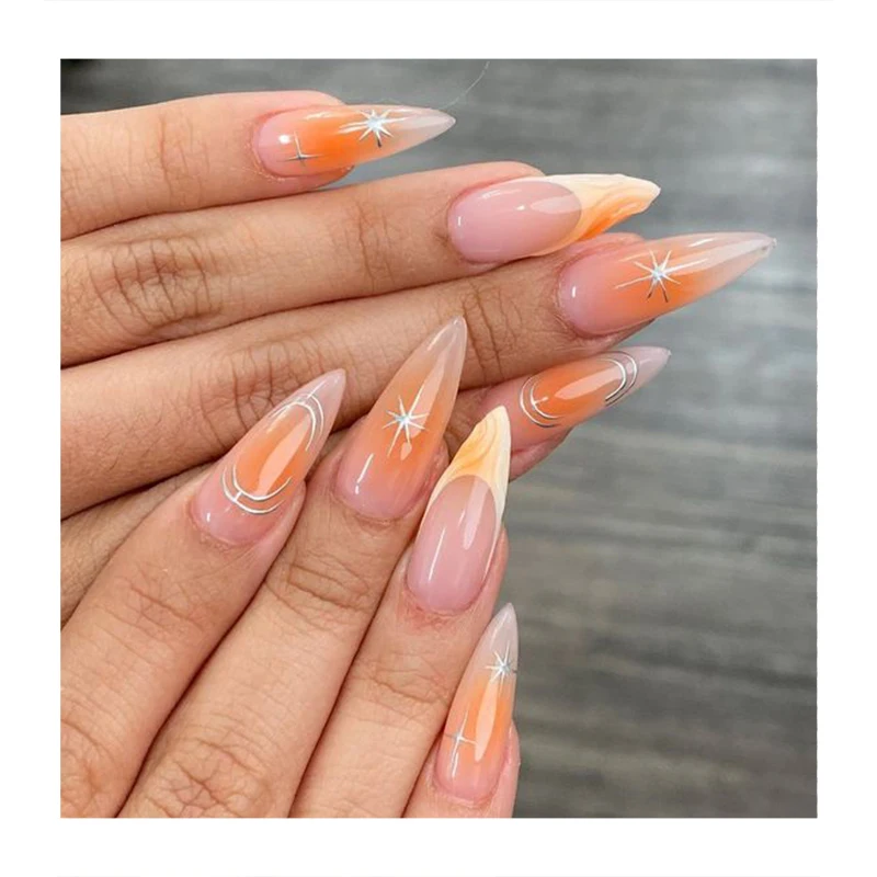 New Arrival Gradient Press On Nails Tips Pink Rainbow Stiletto Shinny Soft Gel Nails Tips Custom Logo Waterproof Fake Nails