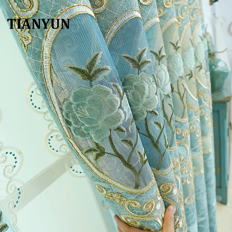 Living Room Curtain Embroidered Blue Luxury European Curtain With Valance Designs House Home Office Decoration