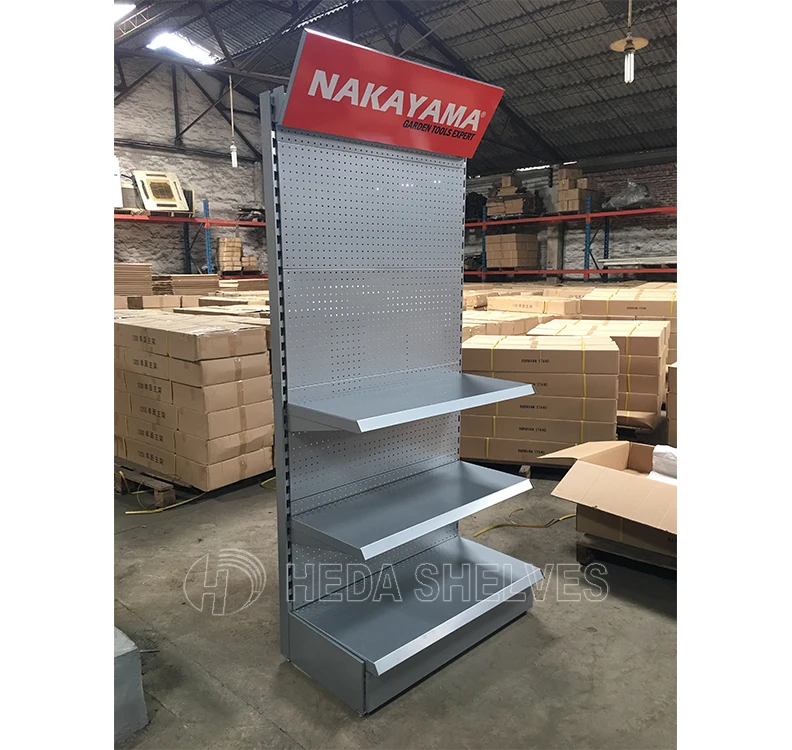 Metal slatwall display/store & supermarket gondola shelving display racks/steel and slatwall panels
