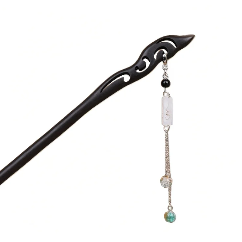 Baiyiyuan Hanfu Hairpins Sandalwood Jade Beads Chains Decorative Chinese Hair Stick Wood