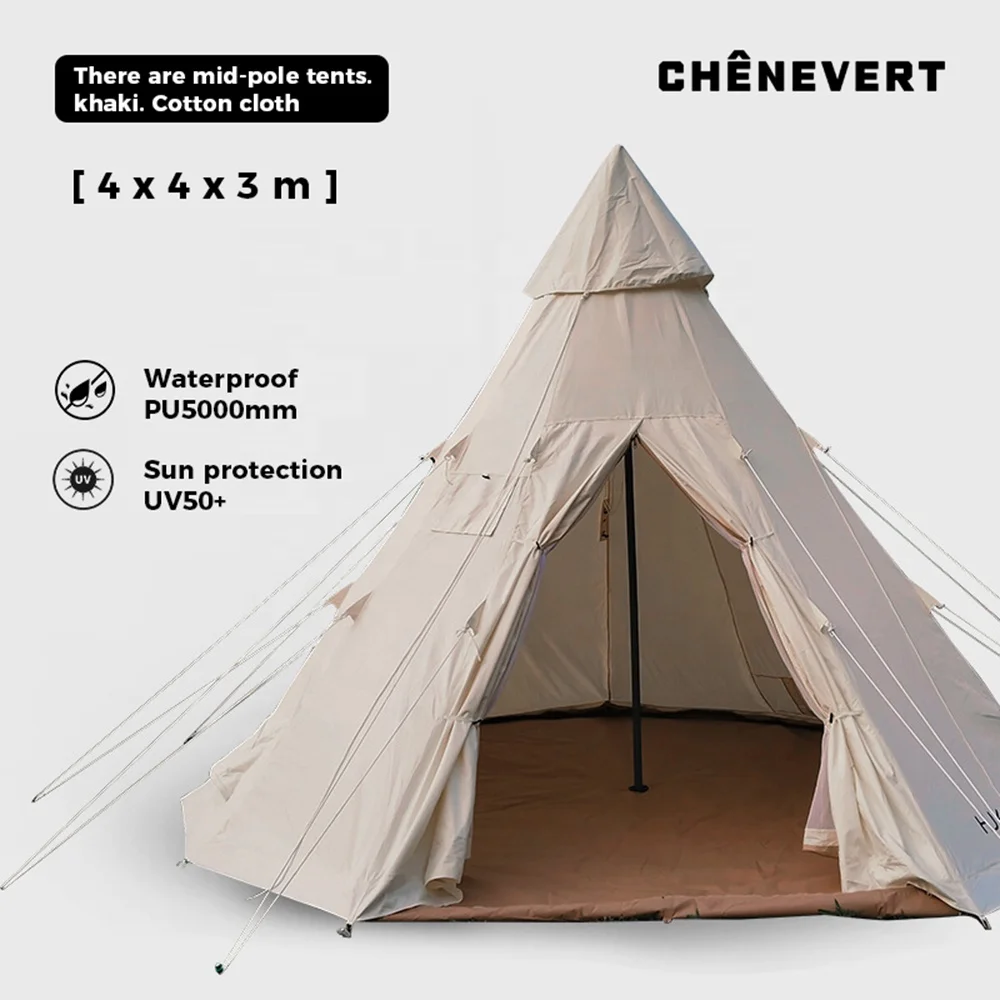 5M*5M*3.5M Indian Tipi Tent Cotton Canvas Pyramid Camping Teepee Tent Cotton Oxford Tent Without Centre Pole Waterproof Pyramid